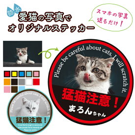 名入れ写真入りステッカー （猛猫注意！） 簡単 お手軽 オーダー うちの子 オリジナルシール オリジナルステッカー 名入れ 名前入れ 名前 写真 写真入り ステッカー 防水 おもしろ シール玄関 ねこ ネコ おしゃれ かわいい うちの子グッズ プチギフト