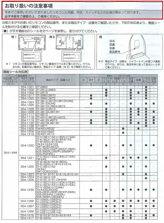 楽天市場】354-1484A(電池・ビスなし）シャワートイレ マルチリモコン 