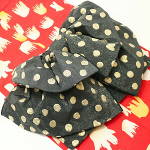 子供 浴衣帯 作り帯 黒 水玉ハート 兵児帯 ジュニア帯 ゆかた帯 こども結び帯 子ども用 子供帯