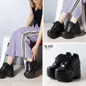 【10/24 20:00〜10/27 9:59 ポイント5倍】attagirl アタガール 厚底ソールスニーカー ヒール9cm 全4色ブラック ホワイト エナメル シルバー スムース シューレース レースアップ 紐靴 調節可能 内側