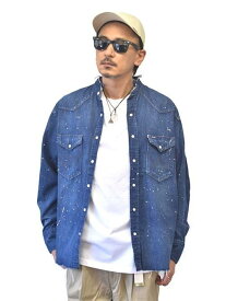 Wrangler PAINT REMAKE DENIM SHIRT BLUE　BLACK　ラングラー 　ペイント　デニムシャツ　大きめシャツ正規品　正規販売店 原宿エトフ　ペンキ飛ばし　BLUE ブルーデニム色　BLACK 黒色　ビンテージ 加工