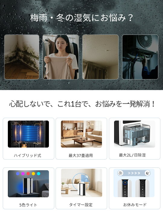 楽天市場】除湿機 ハイブリッド式 最大除湿量2L/日 37畳対応 3L大容量 