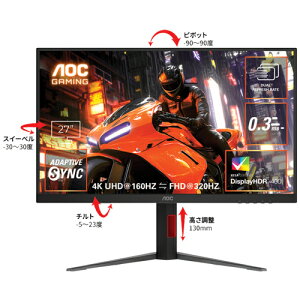 AOC U27G4/11 [27^Q[~OtfBXvC/3840×2160/HDMIADisplayPort/Xs[J[FȂ/160E320Hz]