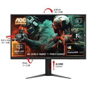 AOC U27G4XM/11 [27^Q[~OtfBXvC/3840×2160/HDMIADisplayPort/Xs[J[FȂ/160E320Hz]