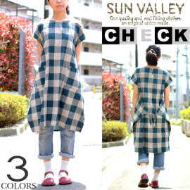 SUNVALLEY/サンバレーブロックチェックワンピースsunvalleyコットン30トップ糸ギンガムチェックスモックワンピース/フレンチスリーブエプロンワンピース/ゆったり大きいサイズモモンガワンピース/2wayデザインAラインワンピース