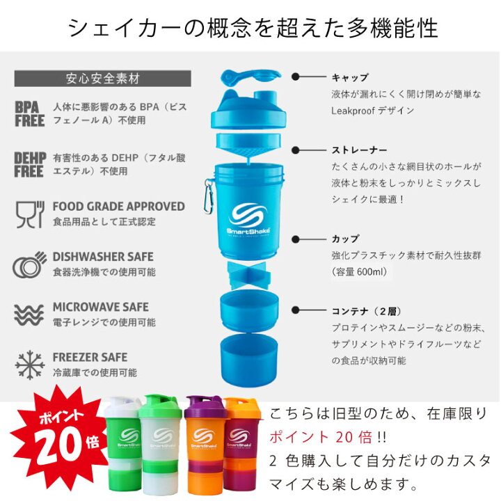 楽天市場】多機能シェイカー【旧モデル】スマートシェイクオリジナル SmartShake ORIGINAL 400ml×120ml×160ml 2層コンテナ スムージー ボトル 高機能 プロテイン シェイカー : EURO STYLE ENJO正規取扱店 楽天市場】多機能シェイカー【旧モデル】スマートシェイクオリジナル SmartShake ORIGINAL 400ml×120ml×160ml 2層コンテナ スムージー ボトル 高機能 プロテイン シェイカー : EURO STYLE ENJO正規取扱店