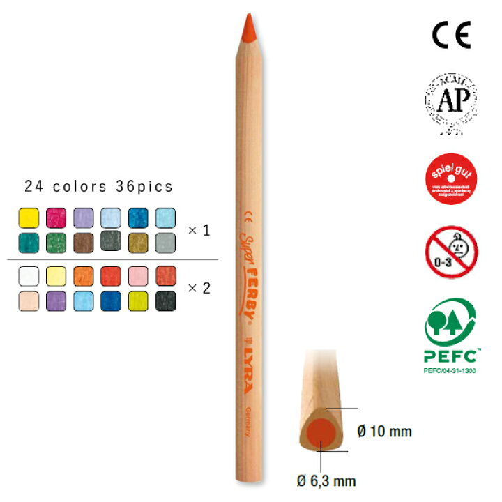 LYRA リラ社 Super FERBY スーパーファルビー 色鉛筆 軸白木 24色36本セット プラスチックケース入り〜ドイツ・LYRA（ リラ社）の人間工学から考えられた色鉛筆。三角グリップの長さ17.5cmの鉛筆スーパーファルビーシリーズ。 木のおもちゃ ユーロバス