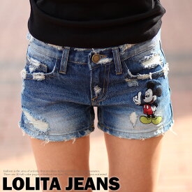 【Disney】ロリータ ジーンズ LOLITA JEANS デニム ディズニー Disney コラボ ショート ディズニーコラボミニマウスパッチ■lo-566