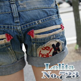 ロリータ ジーンズ LOLITA JEANS ショートパンツ デニム キャラクター ワッペン 刺繍 ポケット■lo-no723