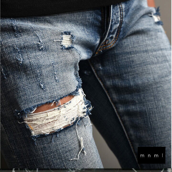 Mnml ミニマル デニム スキニーパンツ スキニージーンズ クラッシュデニム ストレッチ ダメージ加工 メンズ ブランド 大きいサイズ X32 通販激安
