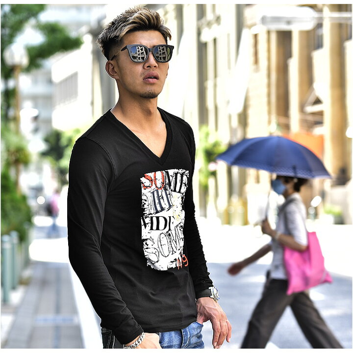 楽天市場 Tシャツ メンズ 長袖 長袖tシャツ ロンt Vネック プリント オラオラ系 おしゃれ お洒落 ビター系 かっこいい T シャツ メンズ 服 ブランド お兄系 ちょいワル タイト マッチョ 高級 大人 ブラック ホワイト 黒 白 ストレッチ Somediff サムディフ Joker