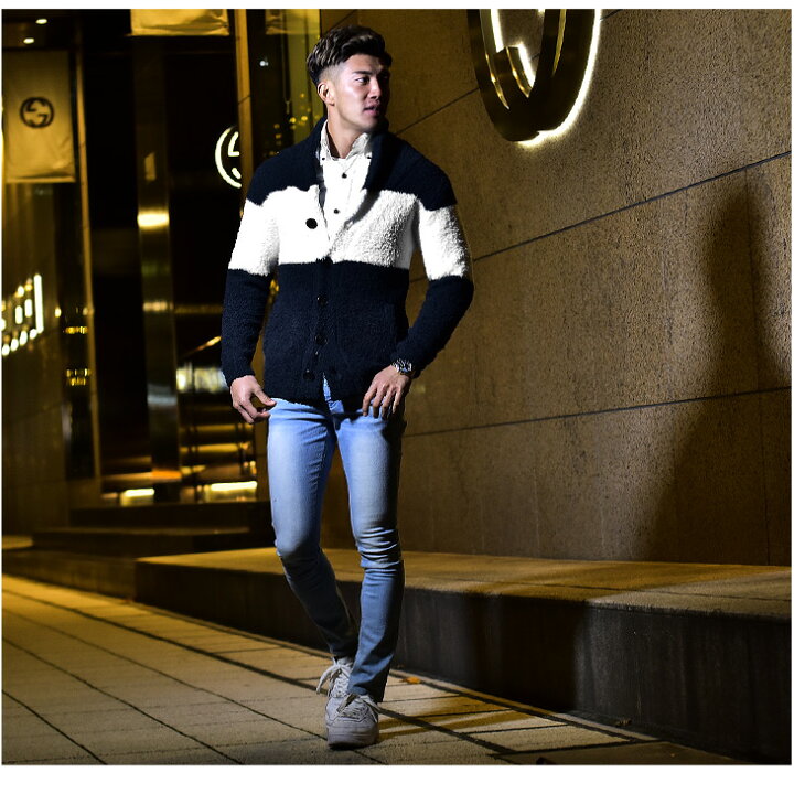 カーディガン メンズ ショールカーディガン ニット ニットカーディガン ボア モコモコ ショールカラー ボーダー オシャレ お洒落 春 春服 春物 春春 セーター 超特価