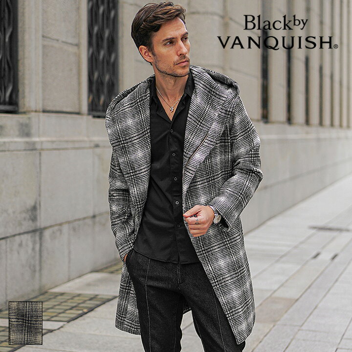 楽天市場 コート メンズ ブランド カジュアル 40代 ビジネスコート チェック フード ロングコート チェック柄 ひざ上 ひざ下 大きいサイズ 春 春服 春物 冬 冬服 冬物 きれいめ パーカー お兄系 ちょいワル オシャレ お洒落 Black By Vanquish ブラックバイバンキッシュ