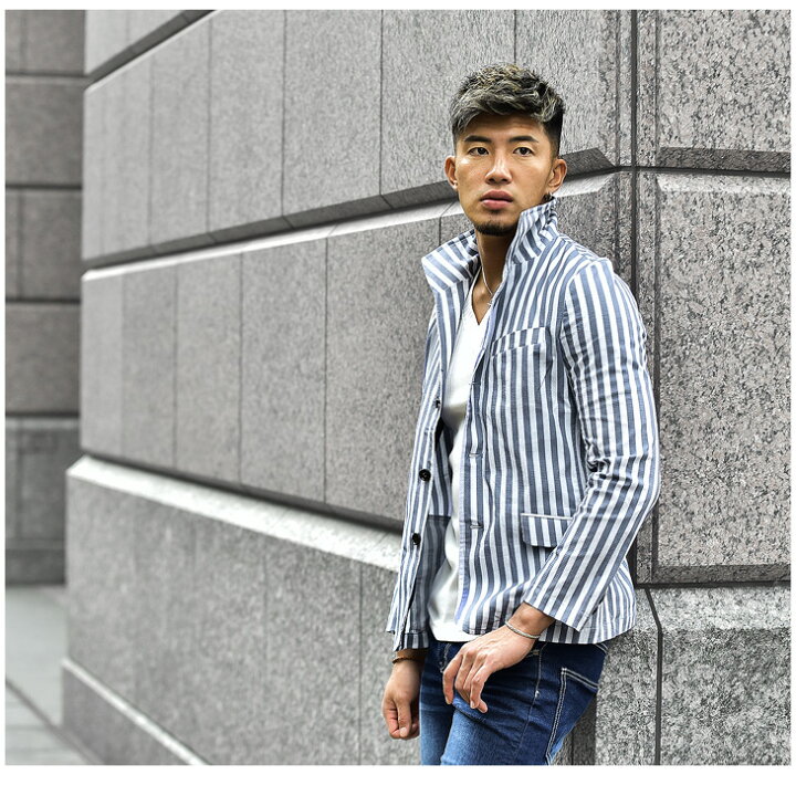 楽天市場 ジャケット メンズ ストライプ サマージャケット イタリアンカラージャケット テーラードジャケット ホワイト 白 ブルー 青 お洒落 オシャレ 爽やか 夏 夏服 夏物 Joker