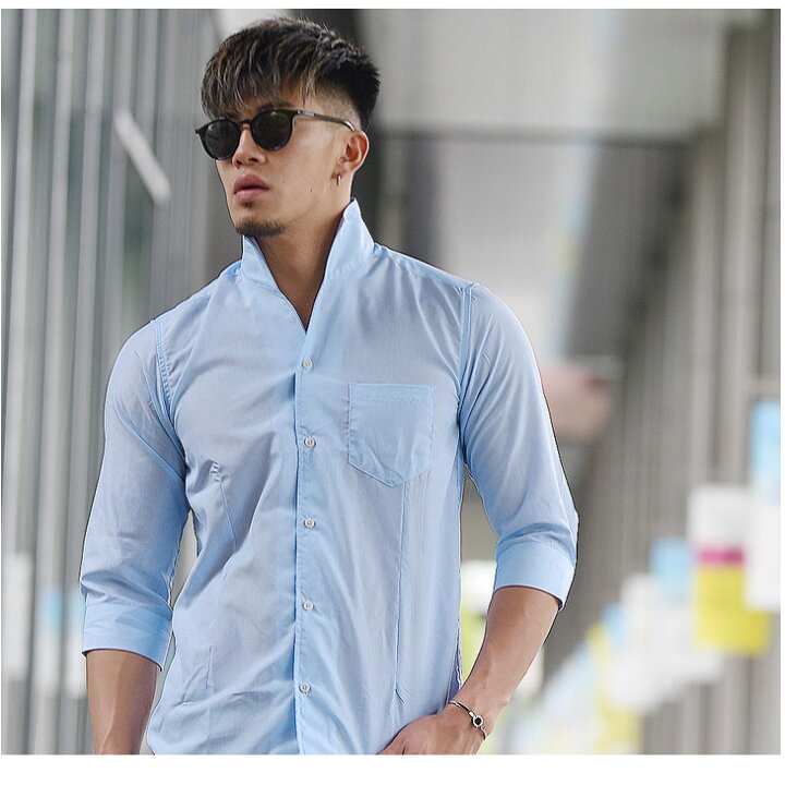 楽天市場 シャツ メンズ イタリアンカラーシャツ ストライプ スタンドカラー ワイシャツ Yシャツ 無地 おしゃれ 七分袖 7分袖 ビジネス ホワイト 白 クールビス 爽やか タイト マッチョ M L サイズ ちょいワル お兄系 ビター系 夏 夏服 夏物 Joker