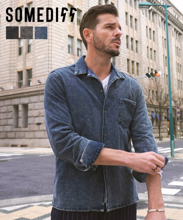 楽天市場】デニムシャツ メンズ 長袖 オープンカラーシャツ 開襟シャツ  