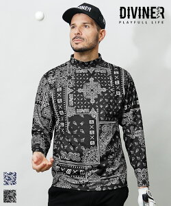 【DIVINER GOLF】 ゴルフウェア モックネック 長袖Tシャツ メンズ ロンT 大きいサイズ ペイズリー柄 アンダーシャツ アンダーウェア ストレッチ カットソー インナー ゴルフ 長袖 春 春服 春物