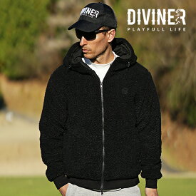 【DIVINER GOLF】 ゴルフウェア メンズ ボア アウター ブランド 防寒 ゴルフ 上着 ボアブルゾン ダブルジップ ロゴ刺繍 裾ロゴ ボアジャケット フード付き 裾リブ XL XXL ブラック メンズファッション JOKER ジョーカー ディバイナーゴルフ