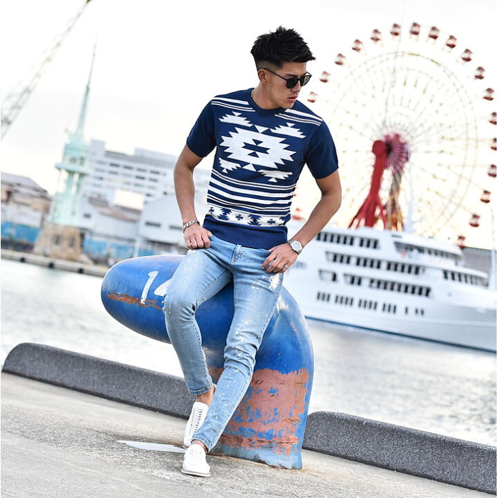 楽天市場 サマーニット ニット メンズ 半袖 メンズニット トップス カットソー ニットtシャツ 薄手 Tops オルテガ柄 ネイティブ柄 白 ホワイト 春ニット オシャレ お洒落 Bitter系 お兄系 ビター系 サーフ系 Tシャツ タイト 細め Joker