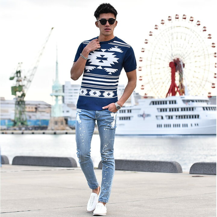 楽天市場 サマーニット ニット メンズ 半袖 メンズニット トップス カットソー ニットtシャツ 薄手 Tops オルテガ柄 ネイティブ柄 白 ホワイト 春ニット オシャレ お洒落 Bitter系 お兄系 ビター系 サーフ系 Tシャツ タイト 細め Joker