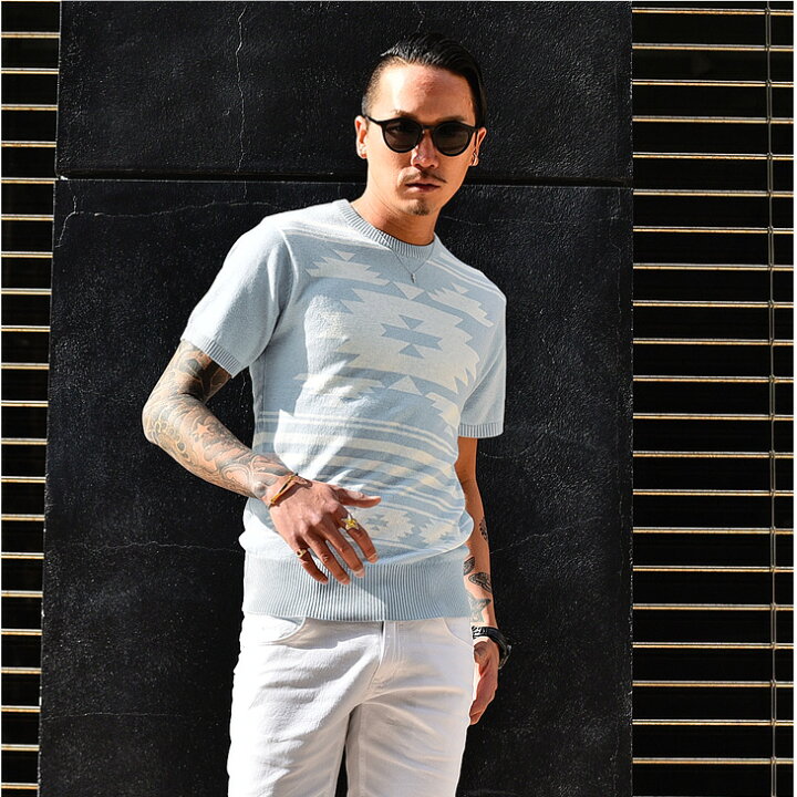楽天市場 サマーニット ニット メンズ 半袖 メンズニット トップス カットソー ニットtシャツ 薄手 Tops オルテガ柄 ネイティブ柄 白 ホワイト 春ニット オシャレ お洒落 Bitter系 お兄系 ビター系 サーフ系 Tシャツ タイト 細め Joker