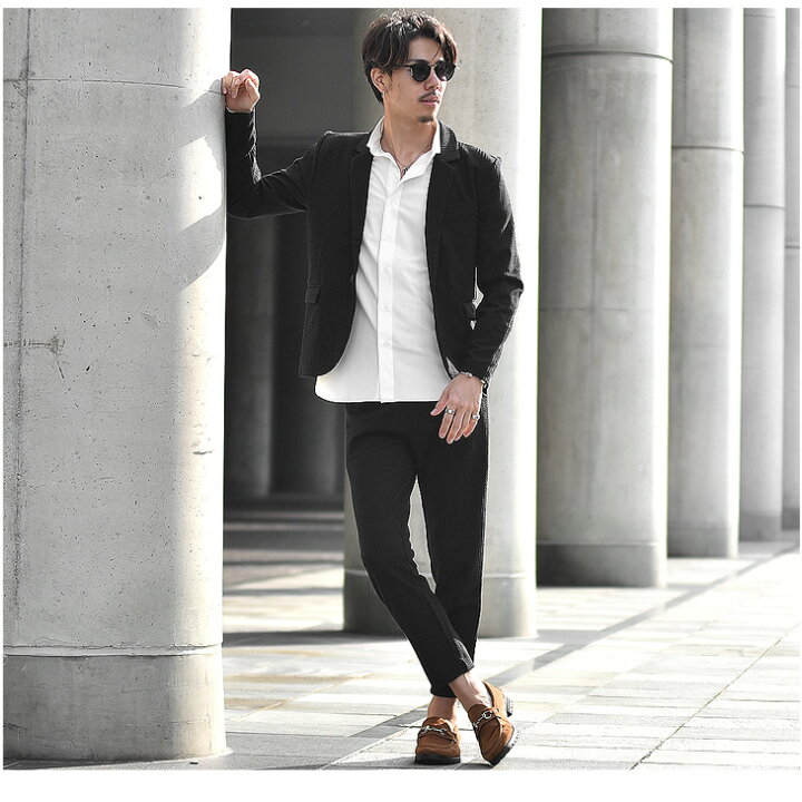 楽天市場 セットアップ メンズ ジャケット スーツ テーラード ジャケット テーラードジャケット 上下セット ストレッチ ストライプ 派手 キレイめ おしゃれ ホスト お兄系 オラオラ系 ビター系 ちょいワル 夏 夏服 夏物 Joker