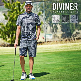 【DIVINER GOLF】 ゴルフ セットアップ メンズ ゴルフウェア おしゃれ モックネック 半袖 ハーフパンツ ペイズリー柄 ストレッチ 速乾 総柄 黒 ネイビー 上下セット 2点セット 秋 秋服 秋物 メンズファッション joker ジョーカー ディバイナー