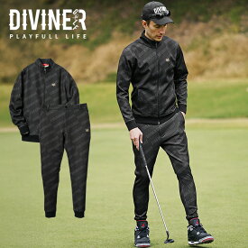 【DIVINER GOLF】 ゴルフウェア セットアップ メンズ ジャケット ブランド ゴルフ 上下セット 総柄 ライトアウター スタンドジャケット ジョガーパンツ スリム ストレッチ ブラック XL XXL ジョーカー JOKER ゴルフ ディバイナーゴルフ