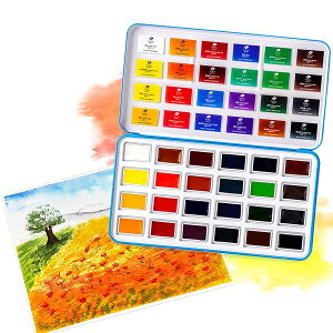 絵の具 透明水彩絵具 24色セット 水彩絵の具 固形水彩 大容量 アラビアゴム製 メタルケース入 風景画 水彩画 イラスト 塗り絵 美術 学習教材用 画材 初心者向け 無毒性 ホビー プレゼント