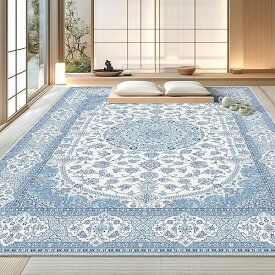 200×250cm 洗えるラグ ペルシャ風 花柄 ブルー 防音 長方形 ウォッシャブル オールシーズン快適 滑り止め加工 家庭用 リビング 寝室用 薄手 短毛 色落ちしにくい お手入れ簡単 折り畳み式 インテリア