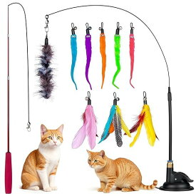 猫おもちゃ 猫じゃらし 吸盤式+釣り竿じゃらし 2Way猫用玩具 二段階伸縮釣り竿 自動 回弾可能 羽のおもちゃ 鈴付き 一人遊び可能 運動不足解消 ストレス解消 鳥/毛虫/天然羽根 交換用玩具9本 子猫 人気 猫遊び用品 ペット用品（12点セット）