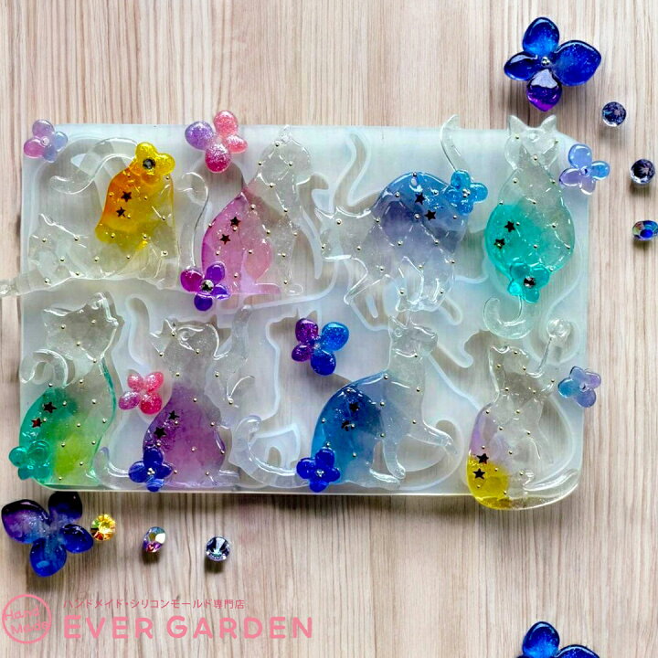 楽天市場】シリコンモールド ネコ 星 月 ハート リボン 花【穴あき  