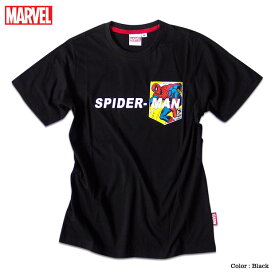 スパイダーマン マーベル Tシャツ 半袖 プリント ポケット付き ロゴ キャラクター MARVEL アメコミ tシャツ グッズ メンズ 黒 ブラック