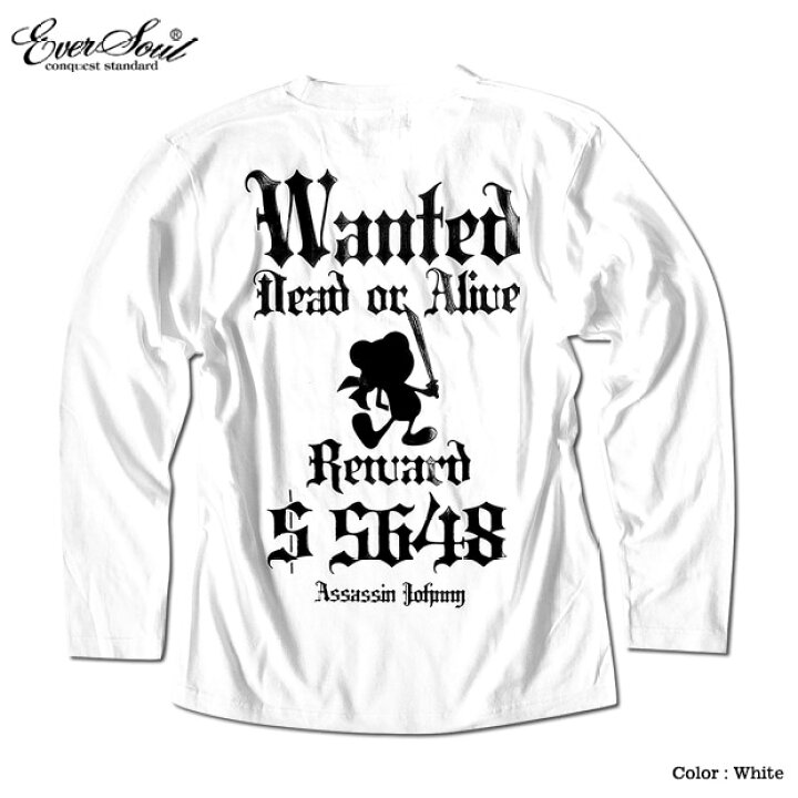楽天市場 キャラクター プリント ロンt 長袖 ｔシャツ メンズ Tシャツ 海賊旗 おしゃれ かわいい Eversoul 殺し屋ジョニー イラスト 白 黒 ブラック ホワイト 春 秋 冬 バックプリント Eversoul Plus 公式 メンズ通販