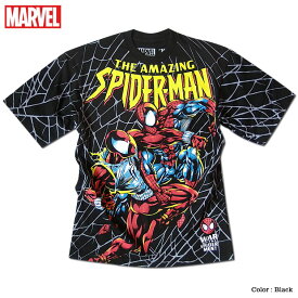 正規品【クロネコゆうパケット便で送料無料】MARVEL マーベル Tシャツ スパイダーマン メンズ プリント キャラクター レディース 総柄 プリント 半袖 アメコミ tシャツ グッズ 黒 ブラック 派手 誕生日プレゼント