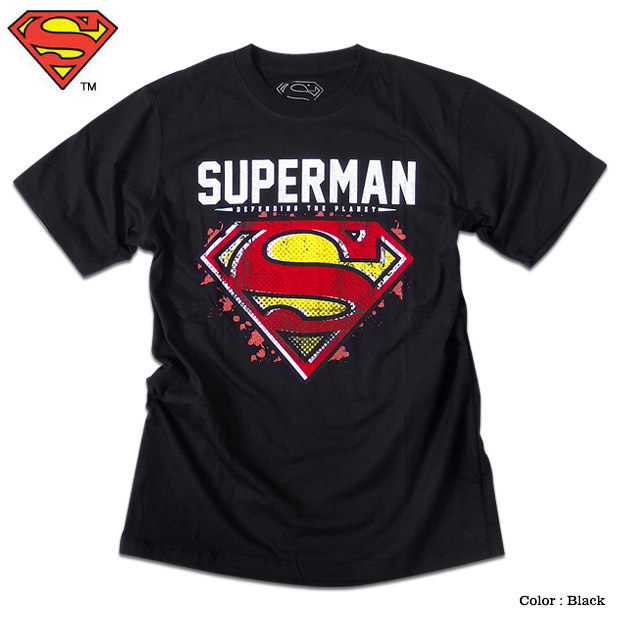 グラフィカルにアレンジされたフロッキープリントのスーパーマンマークｔシャツ スーパーマン ｔシャツ 半袖 ロゴ マーク プリント Superman アメコミ Tシャツ グッズ メンズ キャラクター 黒 ブラック Esferaradio Net