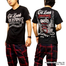 OIL LEAK Tシャツ バイカー 羽根 ウイング ロック メンズ 半袖 プリント 大きいサイズ ROCK バイク tシャツ ブラック 黒