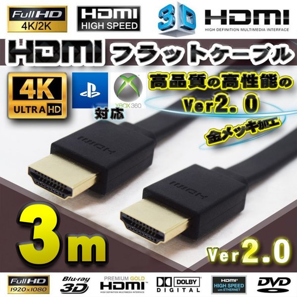 トレンド HDMI フラット ケーブル 300cm 3m 4K 3D 対応 Ver2.0 フル ハイビジョン フラットケーブル なので  壁などにもピッタリフィット