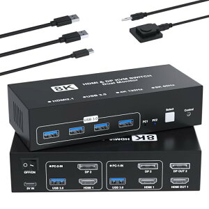 8K@60Hz HDMI+DisplayPort KVM�X�C�b�` 2����2�o�� PC 2�䃂�j�^�[2�� KVM �ؑ֊� �p�\�R��2�䃂�j�^�[2��