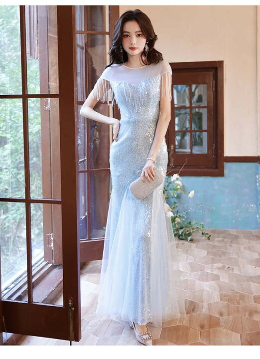 楽天市場】パーティードレス ロング丈 マーメイドドレス 演奏会 半袖  