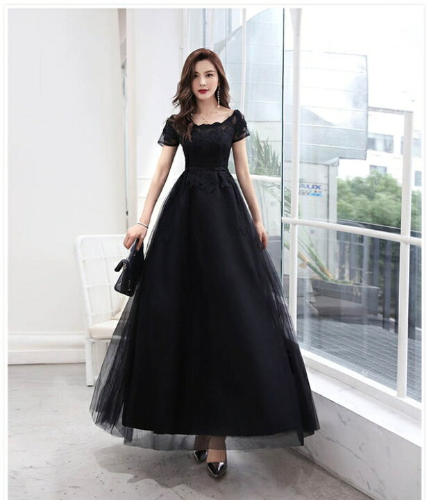 楽天市場】ロングドレス 演奏会 パーティードレス ブラック 黒 袖あり  