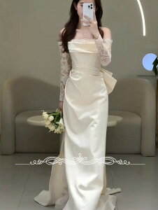 ウェディングドレス オフショルダー ビッグリボン レース 花嫁 白ドレス ワンピース プリンセス かわいい シンプル アンティーク クラシカル 結婚式 二次会 披露宴 前撮り 後撮り 撮影用 フ