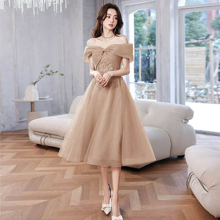 楽天市場】ビッグリボン オフショルダー ロングドレス ミモレ丈ドレス  