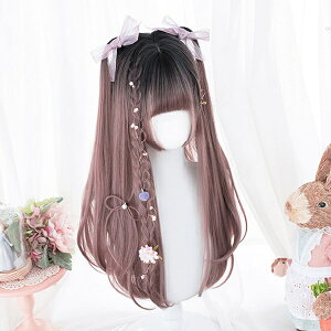 ウィッグ lolita ピンク グラデーション メッシュ ロリータ風 原宿風 かつら おしゃれ ぱっつん前髪 レディース コスプレ 可愛い ロング 耐熱 コスチューム ミックス 仮装 大人 自然 ナチュラ