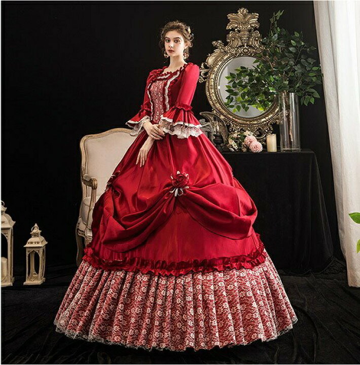 楽天市場 フリーサイズ 貴族 コスチューム 舞台 衣装 中世貴族風 宮廷 お嬢様 パーティー 中世編み上げタイプ 貴族 演奏会 ロングドレス ワンピース 刺繍 プリンセスライン フリル 長袖 Aライン ワインレッドda746s1s1y7 代引不可 ドレス ファッション エブリ