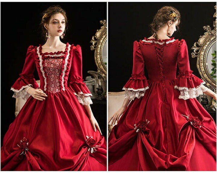 楽天市場 フリーサイズ 貴族 コスチューム 舞台 衣装 中世貴族風 宮廷 お嬢様 パーティー 中世編み上げタイプ 貴族 演奏会 ロングドレス ワンピース 刺繍 プリンセスライン フリル 長袖 Aライン ワインレッドda746s1s1y7 代引不可 ドレス ファッション エブリ