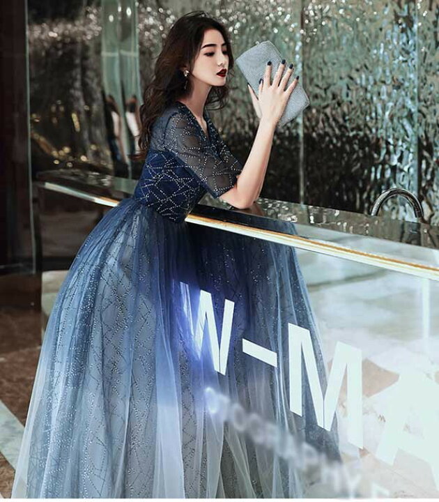 楽天市場】送料無料 ロングドレス 演奏会用ドレス 袖付き Vネック  