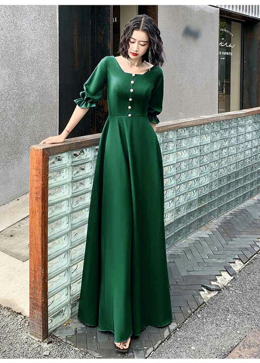 楽天市場 パーティードレス ロングドレス 母親 結婚式 緑 バブルスリーブ スクエアネック ドレス 大人 ピアノ 発表会 上品 スタイルいい カクテル ドレス ノースリーブ お呼ばれ 代 40代 50代 演奏会 コンサート 同窓会 韓国風 Aライン イブニングドレス 緑 Da054x1x1t2