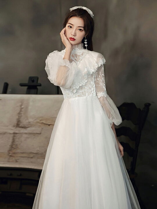 C195 高級レースアップリケロングトレインシースルーバックの  