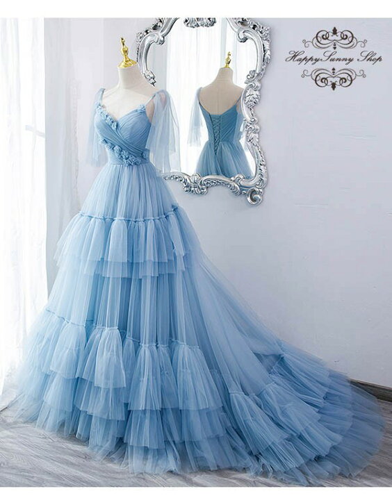 楽天市場】ティアードドレス ウェディングドレス ライトブルー カラー  